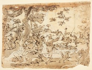 Recto: Vogeljagd mit Falken; Verso: Lunette verziert mit Tieren, Steinbock und Laub von Jan van der Straet, called Stradanus