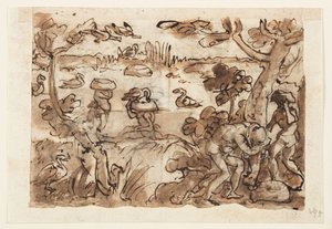 Recto: Entenjagd mit Kürbissen in Westindien; Verso, oben: Krokodiljagd am Nil; Verso, unten: Tigerjagd mit Fallen und Spiegeln von Jan van der Straet, called Stradanus