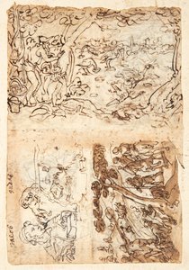 Recto, oben: Kranichjagd mit Kegeln; Unten, links: Jakob, Halbfigur; Löwe mit Augenbinde; Karte einer Festung; Unten rechts: Fuchsjagd. Verso, oben links: Starlingjagd; unten links: Löwenjagd mit Fackeln und Netzen; rechts: Halbfiguren