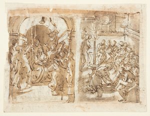 Recto, links: Die Verspottung Christi; Recto, rechts: Christus wäscht die Füße der Apostel; Verso: Hinrichtung von Maria Stuart, Königin von Schottland im Jahr 1587