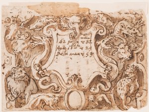 Recto: Vorentwurf für die Titelseite der Druckserie Venationes Ferarum Arium Piscium; Verso: Notizen von Stradanus über Zahlungen an einen Schneider