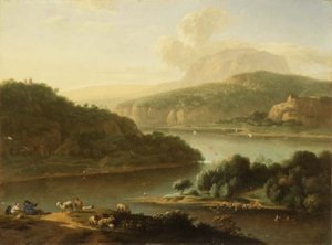 Eine Flusslandschaft mit Schäfer und Bäuerin im Vordergrund