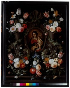 Steinkartusche verziert mit Blumen und Schmetterlingen von Jan van the Elder Kessel