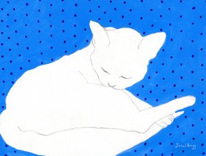 Weiße Katze auf Blau mit Punkten, ca. 2024 von Janel Bragg