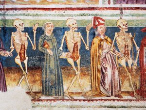 Hrastovlje Wehrkirche, Dreifaltigkeitskirche, Tod begleitet Bischof und Mönch, Totentanz (1490), Detail aus Fresken von Janez Iz Kastva, Slowenien von Janez Kastav