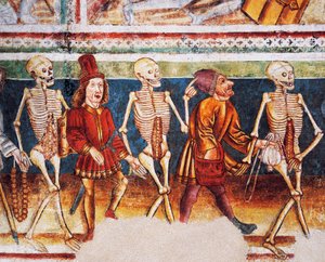 Hrastovlje Wehrkirche, Dreifaltigkeitskirche, Tod begleitet Kaufmann und wohlhabenden Banker, Totentanz (1490), Detail aus Fresken von Janez Iz Kastva, Slowenien von Janez Kastav