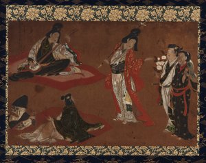 Ein Picknick, Hängerolle (auf Platte montiert), frühes 17. Jahrhundert von Japanese School