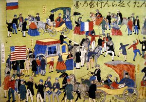 Amerikanische, niederländische und französische Besucher kommen in Yokohama, Japan, ca. 1860 an von Japanese School