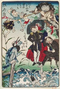 Karikatur von Japanern in westlicher Kleidung, ca. 1870 (Farbholzschnitt) von Japanese School