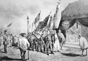 Kommodore Perry in Japan im Jahr 1853 trifft kaiserliche Kommissare in Yokohama