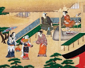 Im Inneren eines Hauses am Stadtrand von Kyoto, Ukiyo-e, Seidenmalerei, Schule von Tosa, japanische Zivilisation