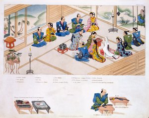 Japanische Hochzeit: Die beiden Familien treffen sich mit dem Vermittler, ca. 1820
