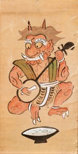 Kakemono, das einen Teufel zeigt, der Shamisen spielt von Japanese School