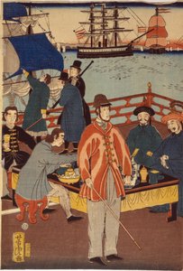Ein Druck des Triptychons zeigt europäische Kaufleute, die mit Japanern Erfrischungen zu sich nehmen. Im Hintergrund sind Schiffe im Hafen von Yokohama, Japan.