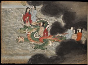 Menschen reiten auf einem Drachen, Illustration aus dem 