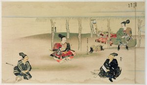 Samurai Takezaki übergibt die Köpfe von zwei mongolischen Invasoren an Adachi Morinume während der mongolischen Invasion Japans 1274, Illustration aus Kokka Magazin, Mai 1921