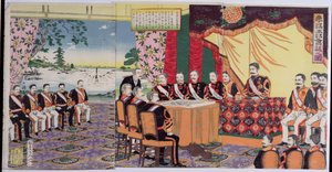 Der Kaiser Mutsuhito (1852-1912) hält einen Kriegsrat, eine Episode aus dem Chinesisch-Japanischen Krieg, späte 19. Jahrhundert
