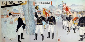 Der Aufstieg des japanischen Reiches: Darstellung der ehemaligen japanischen Gesellschaft links basierend auf einem feudalen System und der neuen rechts, die auf die Entwicklung der Militärkräfte ausgerichtet ist, die Japan zu Kriegen gegen China und Russl von Japanese School