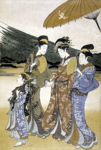 Drei Frauen und Kinder, japanischer Druck von Japanese School