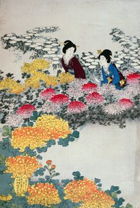 Frauen in einem blühenden Garten (Farbholzschnitt)