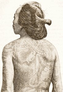 Mann mit traditionellen japanischen Irezumi-Tätowierungen, ca. 1880