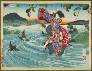 Der Dämon Omatsu ermordet Shirosaburō in der Furt von Tsukioka Yoshitoshi