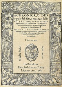 Ramon Muntaner (1265-1336), katalanischer Militär und Chronist. Titelblatt des Buches Chronica, o descripcio dels fets, e hazanyes del inclit rey Don Jaume Primer, einer Ausgabe, die in Barcelona im Haus des Druckers Jaume Cortey hergestellt wurde von Jaume Cortey