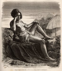 Eingeborene Frau von Taio-Hae (oder Taio Hae), im Archipel der Marquesas, zeigt lässig ihre tätowierten Beine, Gravur nach einer Zeichnung von A. Rixens, die die Erinnerungen des Pazifiks, 1872-1874, von A. Pailhes, einem Schiffssignal, illustriert, veröff von Jean Andre Rixens