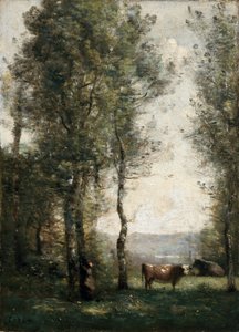 Waldlandschaft mit Kühen auf einer Lichtung