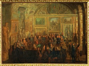 Ansicht des Salon de Diane im Louvre; eine Sitzung der Akademie der Malerei von Jean Baptiste (after) Martin