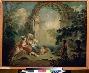 Orientalismus: Türkischer Pascha und Odaliske auf einem Teppich liegend, sie werden von einem schwarzen Diener bedient. Gemälde von Jean Baptiste Hilaire (1753-ca. 1822) Puschkin-Museum, Moskau von Jean Baptiste Hilaire