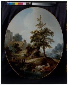 Landschaft mit einem Jungen und einer Schäferin mit Kühen und Schafen von Jean Baptiste Huet