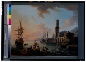 Fischer und Kurtisanen in einem Mittelmeerhafen bei Sonnenuntergang