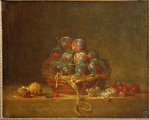 Ein Korb mit Pflaumen, Nüssen, Johannisbeeren und Kirschen von Jean-Baptiste Simeon Chardin