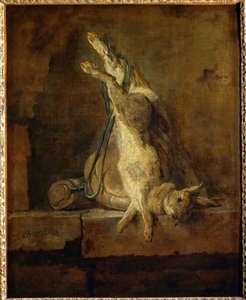 Toter Hase mit Jagdtasche und Pulverflasche