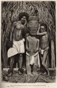 Ein Bewohner der Insel Hiva-Oa und sein Sohn, umgeben von einem geschnitzten Holzidol, das den Gott Tiki darstellt, im Archipel der Marquesas-Inseln, graviert nach einer Zeichnung von A. Rixens zur Illustration der Erinnerungen an den Pazifik, 1872-1874, v von Jean Andre Rixens