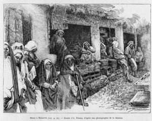 Basar in Bahrain, Tschad. Gravur von A. Rixens zur Illustration der Geschichte „A Suse, journal des excavilles“.