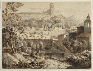 Ein Künstler skizziert an einem Flussufer, unterhalb einer italienischen Stadt, um 1780 von Jean Antoine Constantin