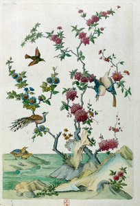 Zeichnung von einer chinesischen Vase: Vögel und Blumen
