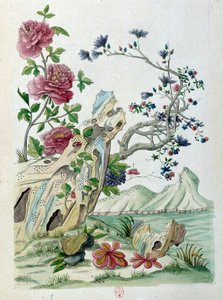 Zeichnung von einer chinesischen Vase: Blumen in einer Landschaft