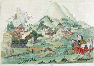Zeichnung von einer chinesischen Vase: Landschaft mit Fluss und Figuren