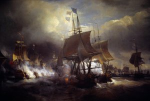 Amerikanischer Unabhängigkeitskrieg: „Seeschlacht von Ouessant zwischen dem 23. und 27.07.1778“. Sie stellte die französische Flotte gegen die englische. Detail. Gemälde von Theodore Gudin (1802-1880) 19. Jahrhundert Paris, Marinemuseum