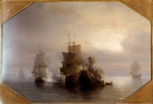 Seekampf des Ritters Marc-Antoine de Saint-Pol Hecourt (1665-31. Oktober 1705), 31.10.1705. Er gab der nahegelegenen Stadt Saint-Pol-sur-Mer (Saint Paul sur mer) seinen Namen. Gemälde von Théodore Gudin (1802-1880) 19. Jahrhundert. Paris, Musée de la Marin