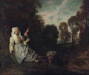 Abendlandschaft mit Spinnerin, um 1715 von Jean Antoine Watteau