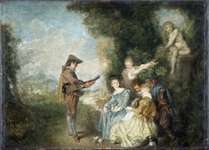 Die Liebeslektion (galante Szene in einem Garten mit Statue und Musiker) von Jean Antoine Watteau