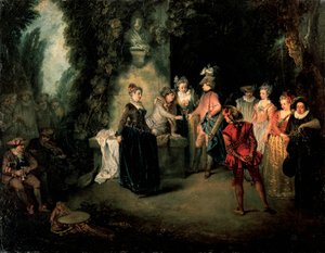 Liebe im französischen Theater von Jean-Antoine Watteau (1684-1721), Öl auf Leinwand, 37x48 cm von Jean Antoine Watteau