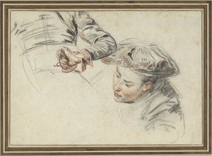 Männerkopf mit Barett und einer Hand an einem Griff