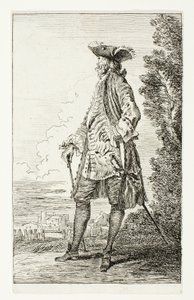Stehender Mann mit Hut, nach links gewandt, aus Figures de Modes von Jean Antoine Watteau