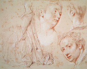 Drei Köpfe und eine sitzende Frau, ca. 1716 von Jean Antoine Watteau