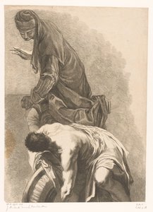 Stehende Figur neben einem vornübergebeugten Mann mit entblößtem Oberkörper von Jean Aubert